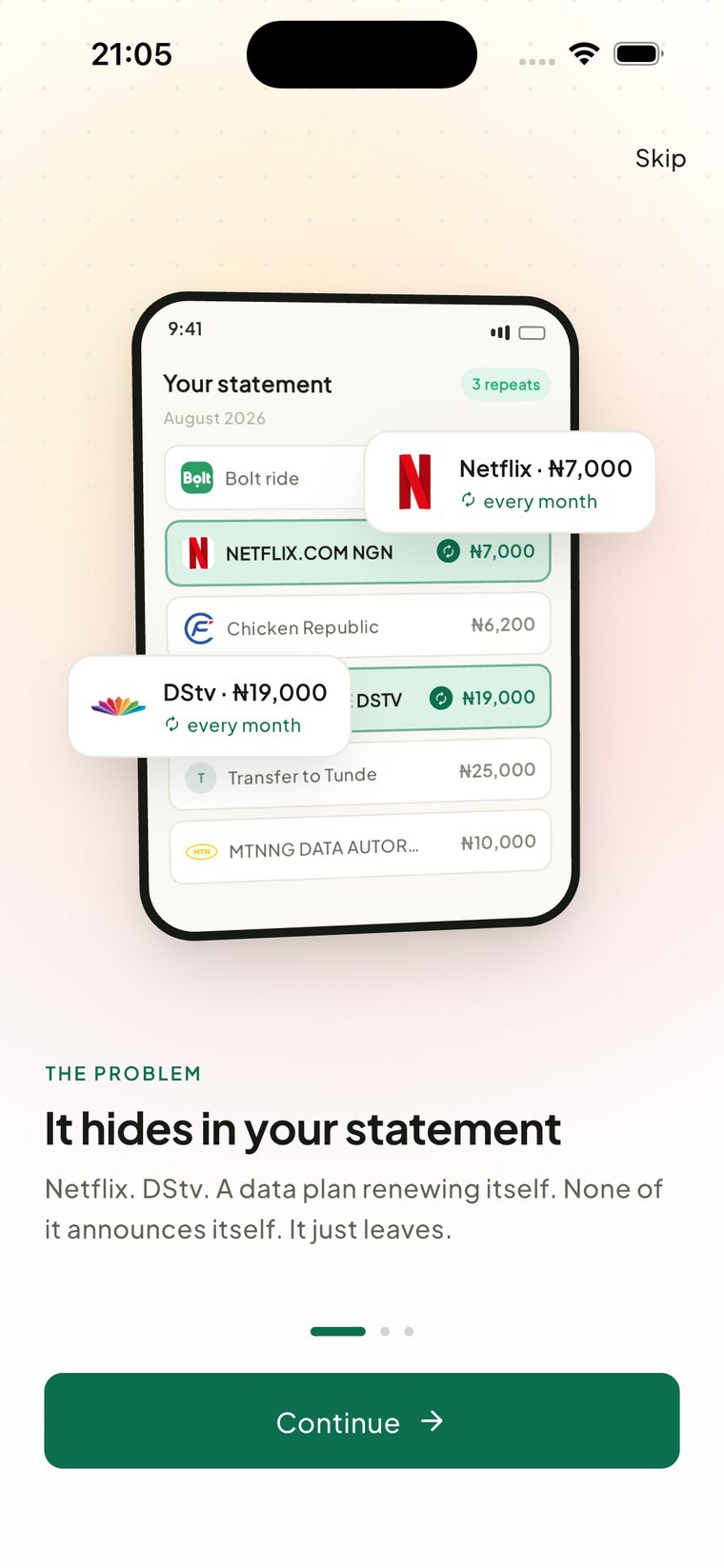 Recur dashboard showing ₦63,033 repeating every month across 9 active subscriptions.