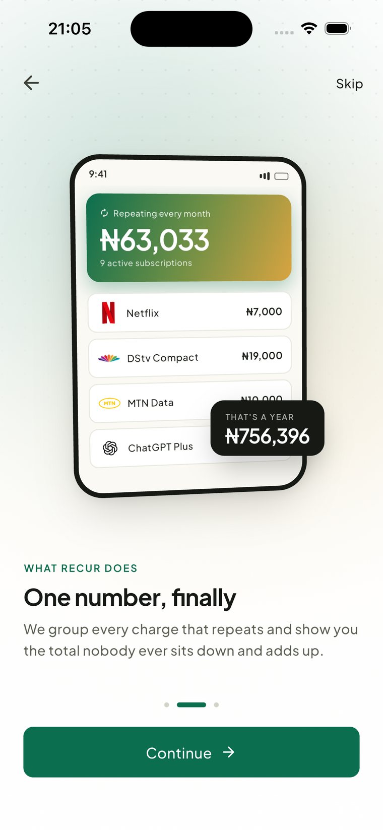 Recur statement view highlighting Netflix and DStv as recurring charges among a normal list of bank transactions.