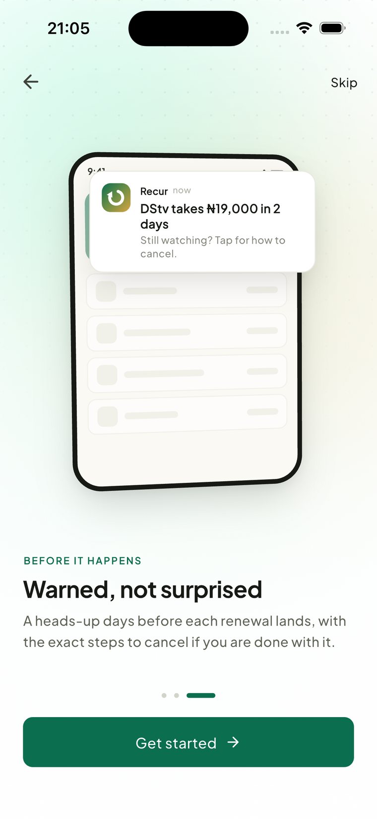 Recur notification reading 'DStv takes ₦19,000 in 2 days — still watching? Tap for how to cancel.'